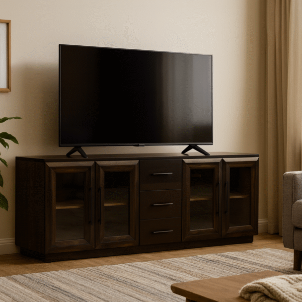 livorno tv console glass doors w/ drawers